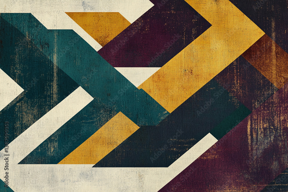 Poster Abstract geometric design featuring teal, burgundy, gold, and off-white textured shapes intersecting, creating a modern and sophisticated visual pattern suitable for various design applications