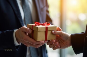 Businessmen exchanging gift box with red ribbon in office setting