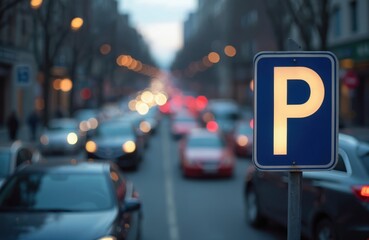 Parking sign city street with many cars. Urban car park space, transport concept. Traffic in blur background. Evening time, bokeh effect, road, transport, travel, drive, warning, signal.