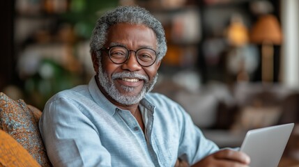 Fototapeta premium Smiling African American senior man enjoying his tablet in a cozy living room, radiating warmth and relaxation.