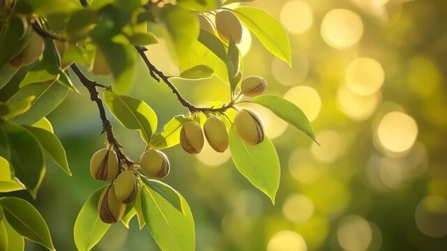 Close-up of ripe pistachio nuts hanging on a tree branch with vibrant green leaves and soft golden sunlight in background.
