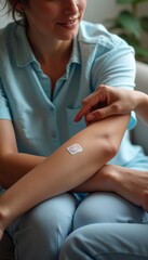 Obraz premium A woman with a serene smile sits comfortably, showcasing a small bandage on her arm after receiving a vaccination. The warm interaction highlights care and support, emphasizing the importance of