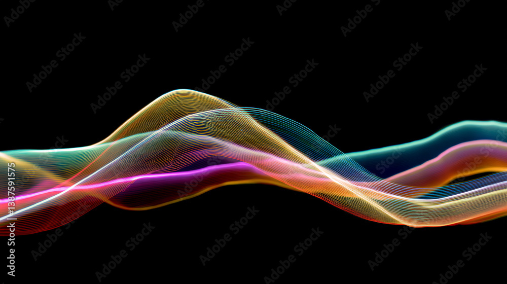 Poster abstract waves of colorful light strands flowing against a black background creating a dynamic patte