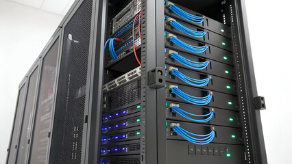 Interior view of a modern server room with multiple enclosed cabinets and network infrastructure.