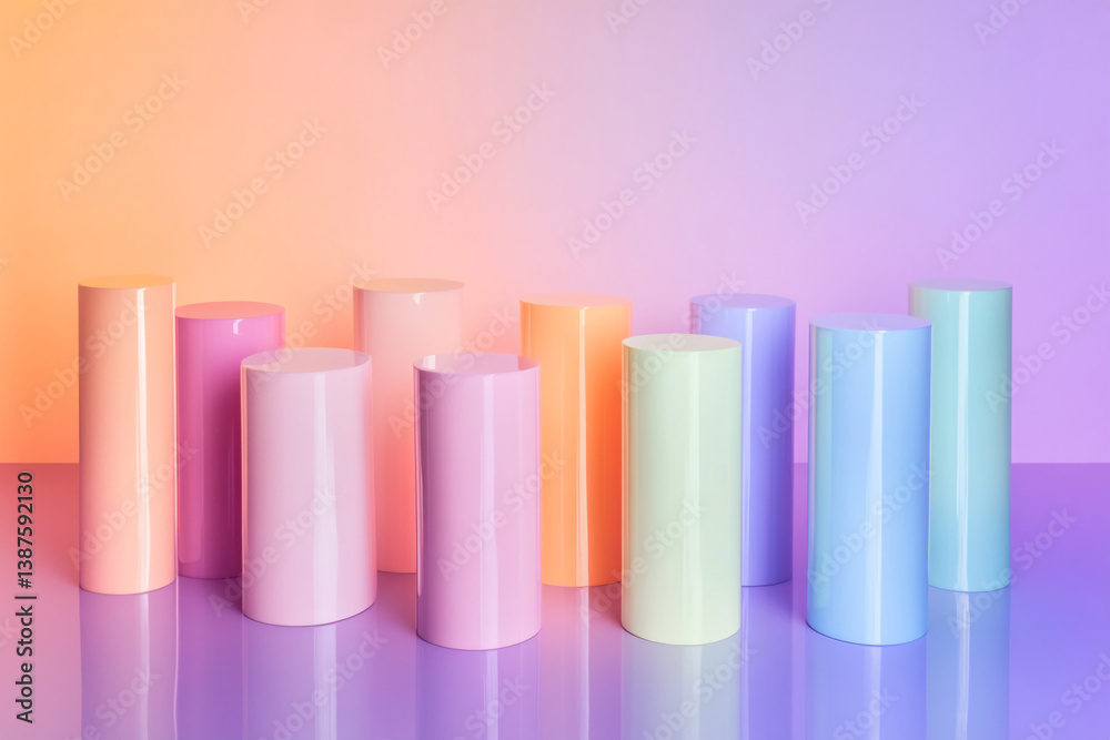 Poster pastel-colored cylinders on reflective surface, creating a minimalist product display scene, ideal f