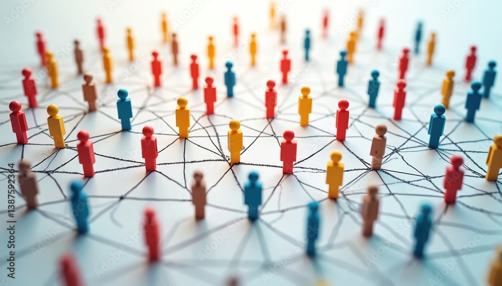 Aufkleber Illustration connected stick figures, representing individuals linked together. Concept of networking, community, teamwork, integration. Colorful figures on white background. Ideal for representing