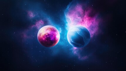Obraz premium Cosmic Planets Nebulae, Vivid Fantasy Style, High Definition Lighting, Wide Angle Shot, Glowing Textures, Celestial Encounter, Deep Space, Pink Blue Hues, Sci-Fi Artwork
