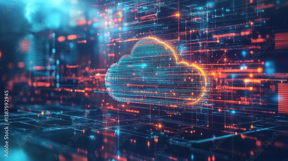 Poster futuristic digital cloud computing concept with data streams and circuits