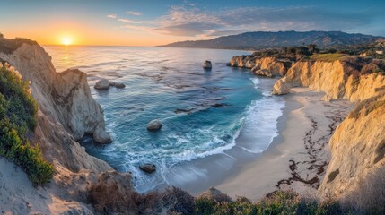 Scenic beach with crashing waves and cliffs at sunset, mixing mountain and beach landscapes.