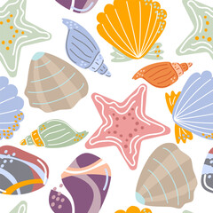 Seashell, starfish, and sea pebbles seamless pattern. Vibrant ocean-inspired design. For fabrics, wallpapers, wrapping paper, and beach-themed projects