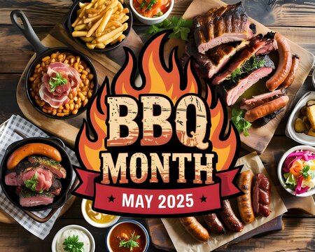 Delicious BBQ Dishes Highlight May 2025. A high-angle, full shot of a variety of BBQ food, including ribs, sausages, fries, and baked beans, presented on a rustic wooden table.