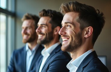 Fototapeta premium Three happy businessmen in suits smiling. Young male business leader with coworkers, company staff. Corporate team, department workforce, workers of different age standing in row.