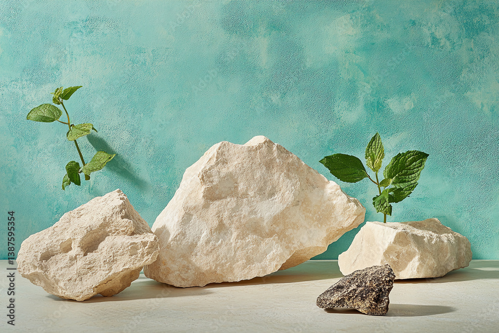 Poster beige rocks and green plants on a teal background create a minimalist nature scene, showcasing a cle