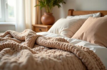 Cozy bedroom with knit blanket and cushions in sunlit room