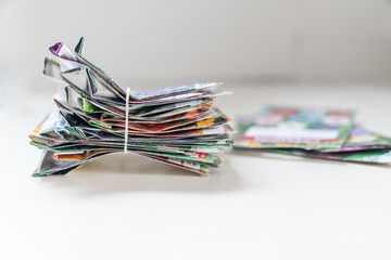 Close-up of mixed flower seed packets, great for gardening blog headers, planting guides, or...