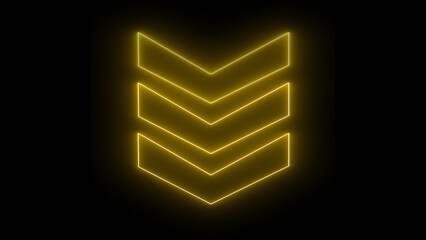 Glowing yellow neon downward arrow direction icon. Abstract set of glowing neon arrows. up to down rendering