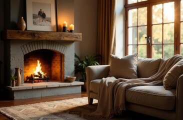 Cozy living room with fireplace and sofa in warm ambient light