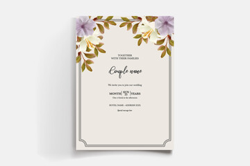 WEDDING INVITATION FRAME WITH FLOWER DECORATIONS AND FRESH LEAVES