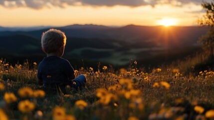 Child sits in a field of wildflowers at sunset,  contemplating a vast mountain range