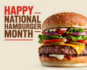 Deliciously appetizing hamburger highlighting National Hamburger Month. Close-up of a mouthwatering hamburger, perfect for a National Hamburger Month promotion.