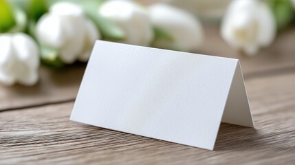 A blank, white card stands upright on a wooden table, accompanied by soft-focus white tulips in the background, creating an elegant and minimalist atmosphere.