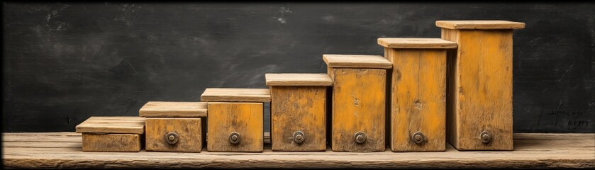 A series of rustic wooden boxes of varying sizes arranged in a gradient, showcasing a vintage aesthetic against a dark background.