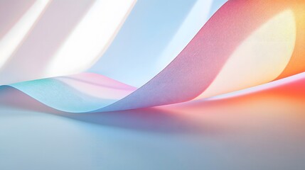 Abstract pastel paper waves illuminated by sunlight creating vibrant color gradients and soft shadows.