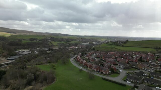 Aerial view of the Todmorden town in the Upper Calder Valley in Calderdale, West Yorkshire, England