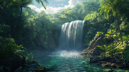 Serene Tropical Waterfall Scene Surrounded by Lush Greenery and Turquoise Water