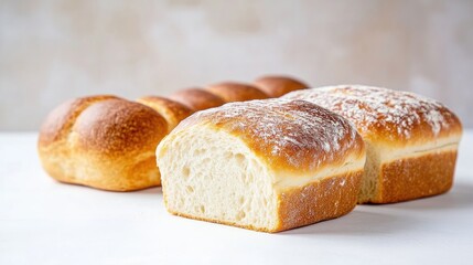 Fototapeta premium Fresh baked loaves of bread, including a sliced loaf