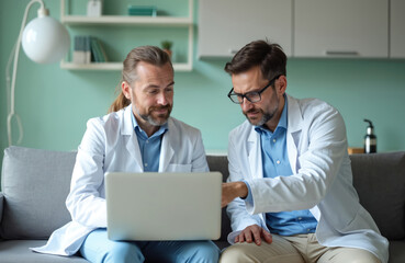 Obraz premium Two male doctors in white coats look at the laptop screen. They discuss patient diagnosis treatment using modern tech. Medical consultation in clinic, health care concept.