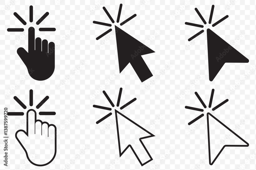 Aufkleber Black Pointer cursor computer mouse icon set. Finger cursor, arrow click sign. Vector illustration. Hand Cursor icons. Click Cursor icons. Pointer cursor сomputer mouse icon on Transparent Background.