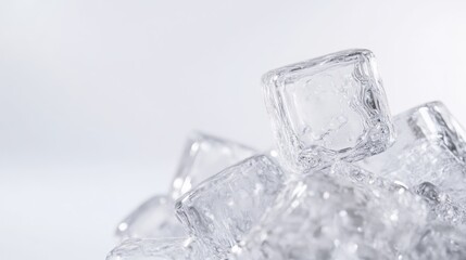 A pile of ice cubes, some showing distinct square shapes, sits on a plain white background. The image is well-lit, exhibiting high clarity. The style is minimalist and clean. Cool, translucent tones