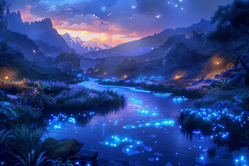 A serene fantasy valley filled with glowing bioluminescent plants and a gently flowing river under a starlit sky.