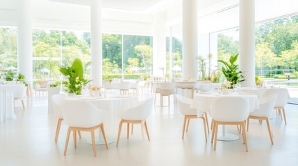 Modern, bright, and airy restaurant. Lush greenery visible through large windows