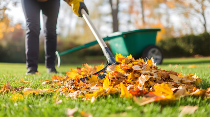 Efforts in Autumn: A Vibrant Scene of Yard Cleanup with Raking Leaves and Nature's Colorful Transition