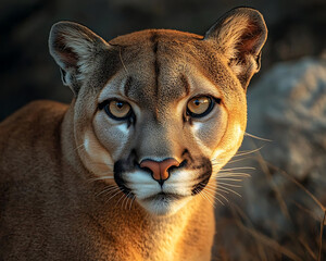 Lifelike mountain lion portrait with striking eyes and detailed fur, showcasing its beauty