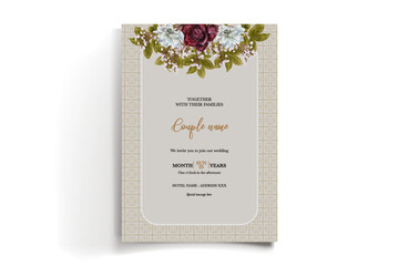 WEDDING INVITATION FRAME WITH FLOWER DECORATIONS AND FRESH LEAVES