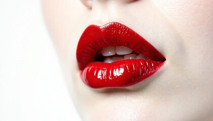 Obraz premium Bold crimson lips against pure white backdrop High-contrast, sharp focus , high contrast, lip color, clean