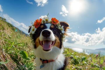 Obraz premium Sunny days happiness. Cute baby dog australian shepherd wearing free flower circlet on its head. Early sunshine. Cheerful holiday vibes with dogs. Summer joy for pets. Beautiful dog in bloom.