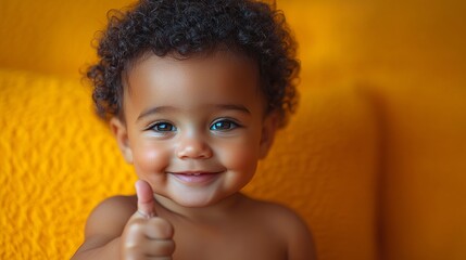 Adorable baby portrait with thumbs up gesture on yellow background for baby product marketing use