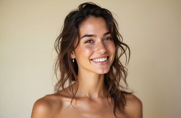 Naklejka premium Young attractive brunette woman smiles showing white teeth. Portrait of pretty female with natural beauty, skin. Face close up of cheerful person with long hair. Ideal for beauty, skincare, fashion,