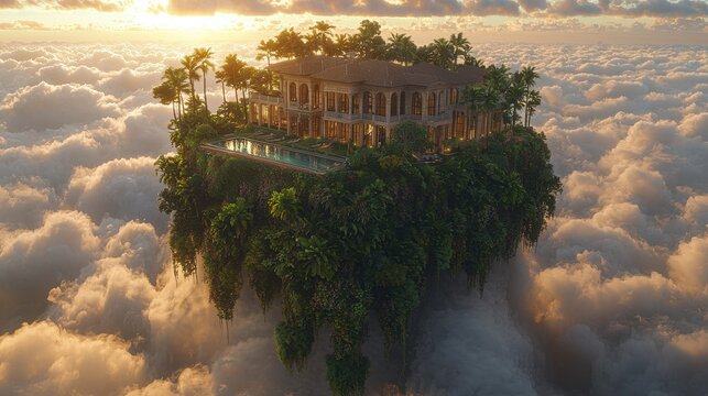 A surreal scene of a floating island, lush with tropical foliage, surrounded by a mystical mist, perched amidst the clouds in a vibrant sunset sky. 