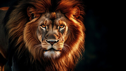 Fototapeta premium Majestic lion with vibrant mane and piercing eyes, exuding strength and power