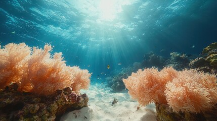 A tranquil underwater scene featuring soft coral reefs, colorful fish, and a gentle sea current, all rendered in soft, soothing hues of blues and greens. 