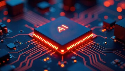 Futuristic Glowing Microchip on a Circuit Board – Close-up Technology Background