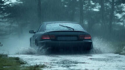 Car driving in heavy rain.