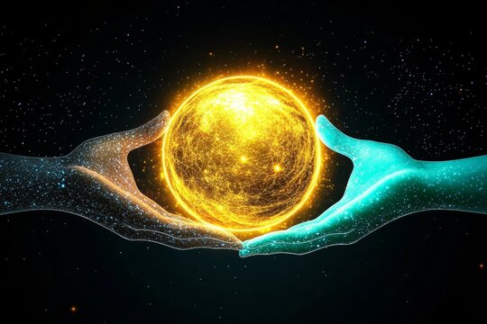 A business being physically handed from one person to another as a glowing golden orb