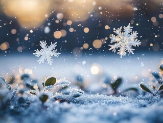 Winter Wonderland Snowflakes Falling, Bokeh Background, Frosty Plants, Winter Scene winter photography, snowflake