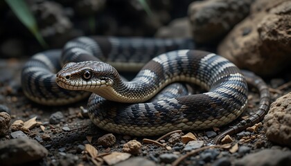 Coiled Snake Resting on Rocky Ground in a Natural Habitat